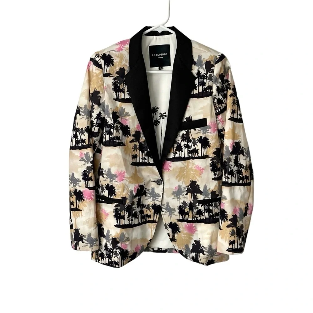 LE SUPERBE Coastal Palm Print Single Breasted Tuxedo Jacket Sz 4 - Picture 2 of 6